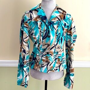 COLDWATER CREEK Turquoise Pleated Floral Jacket Size 4 NWOT